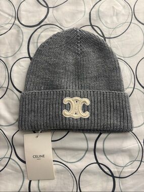 Celine Grey Knit Beanie with Cream Triomphe Patch